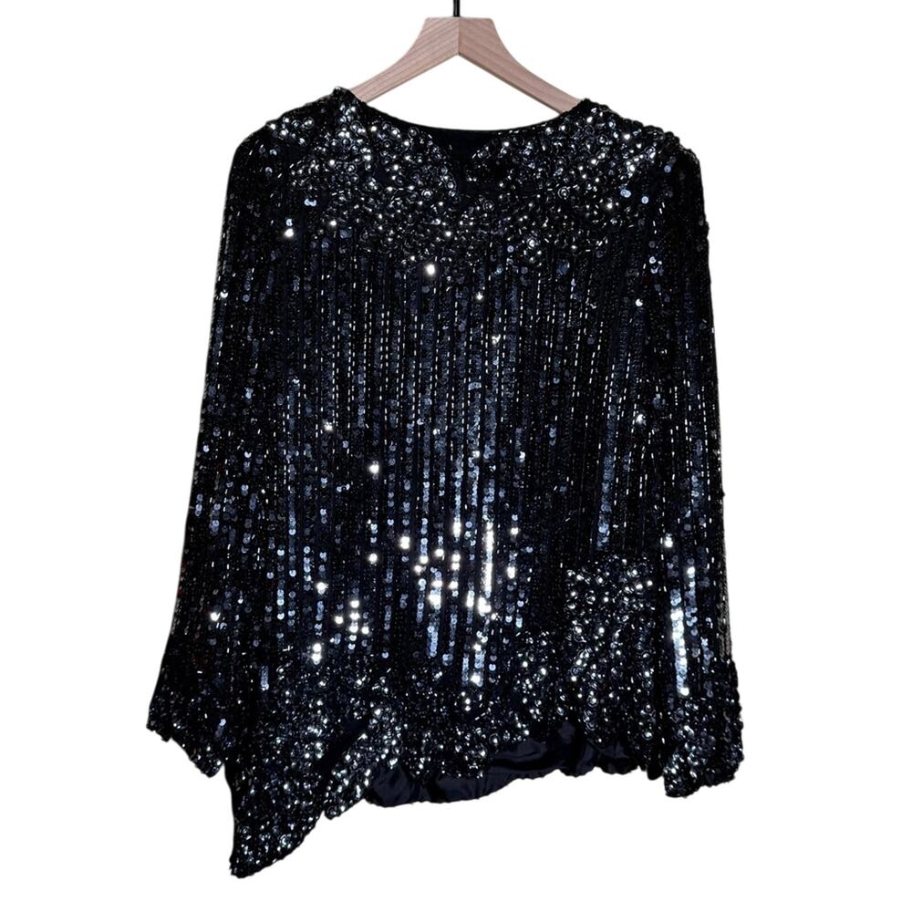 VINTAGE THREE FLAGS sequin beaded silk party new years asymmetrical blouse L